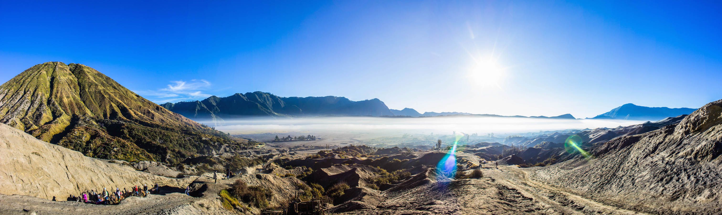 Panoramic view of the sea of sand from the trail to the crater of Mt. Bromo, Indonesia