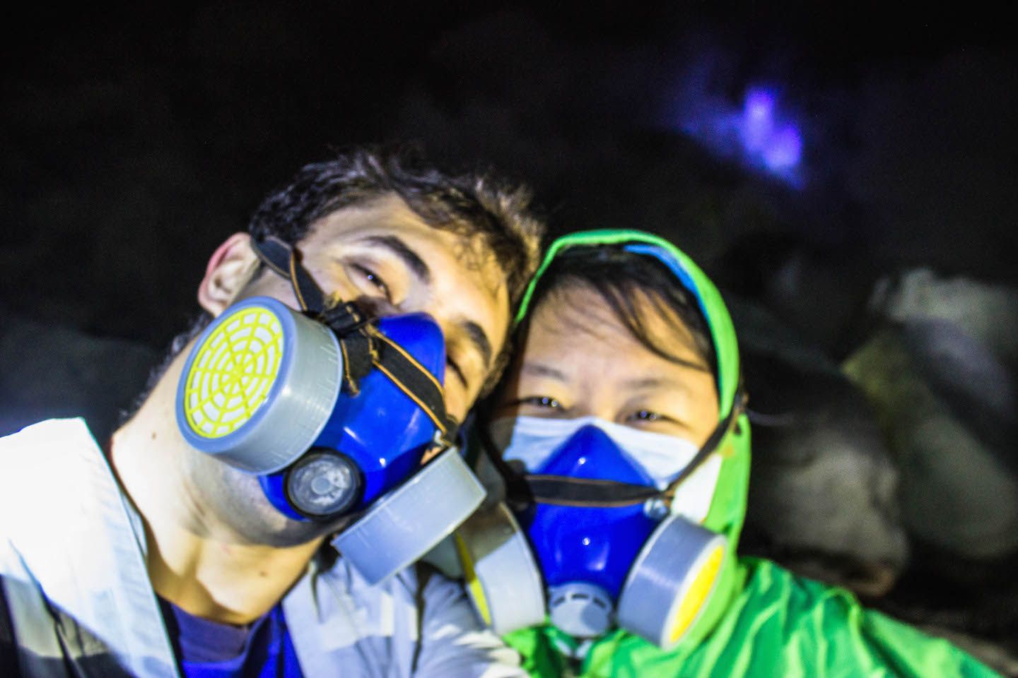 Julie and Carlos at the blue flames of Mt. Ijen, Indonesia
