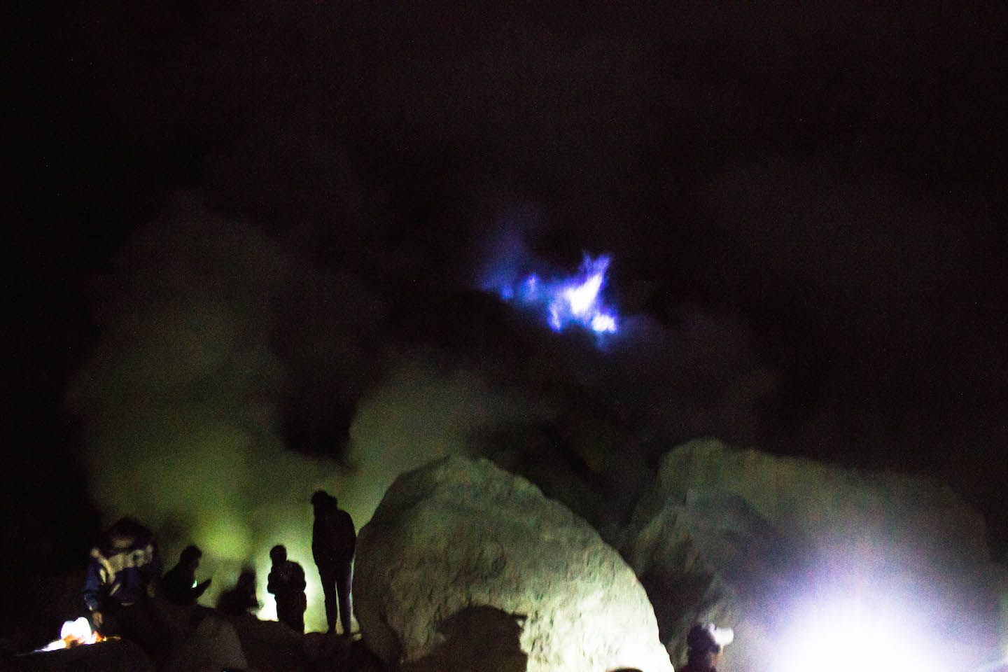 Sulfur mine and the blue flames of Mt. Ijen, Indonesia