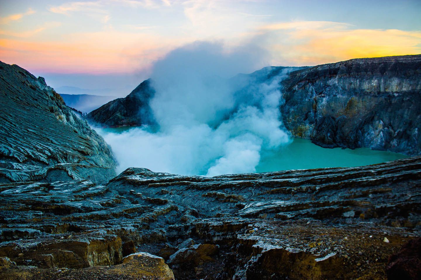Smoke coming out of the crater of Mt. Ijen, Indonesia