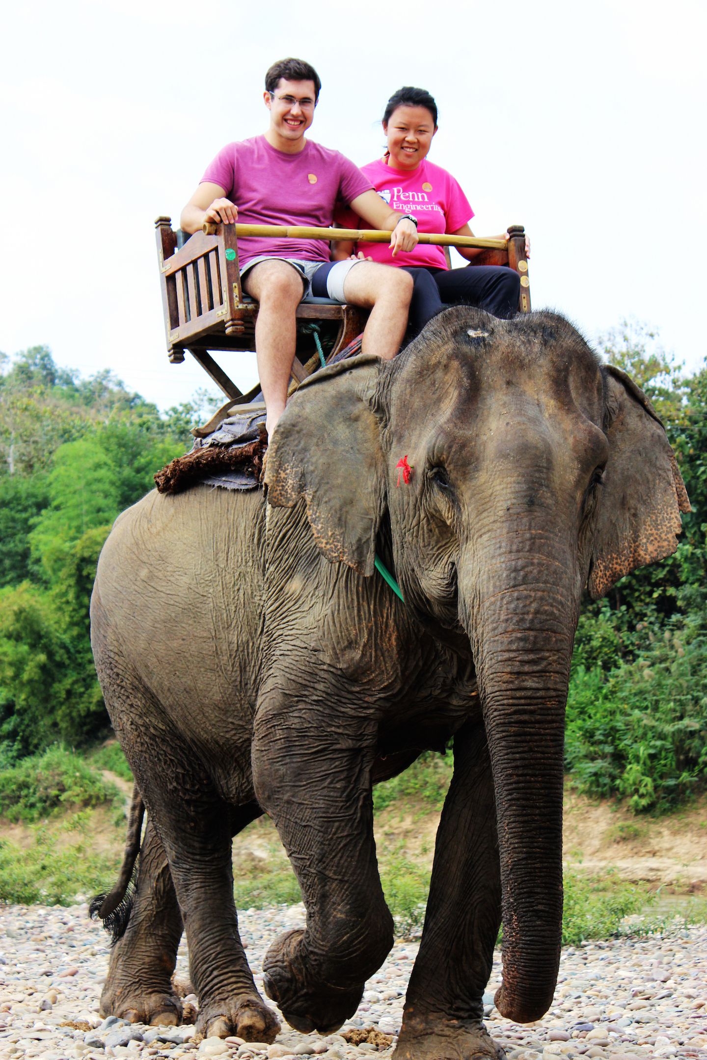 Julie and Carlos sitting on the howdah riding the elephant, Luang Prabang, Laos