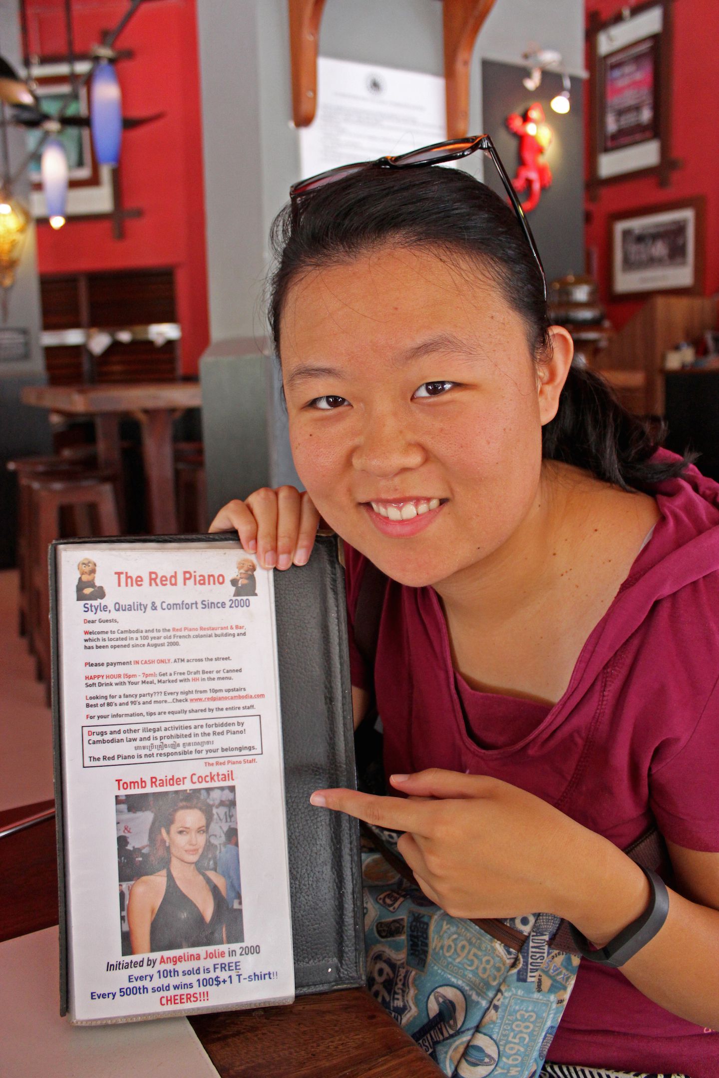 Julie at the Red Piano where Angelina Jolie would spend her nights while filming Tomb Raider