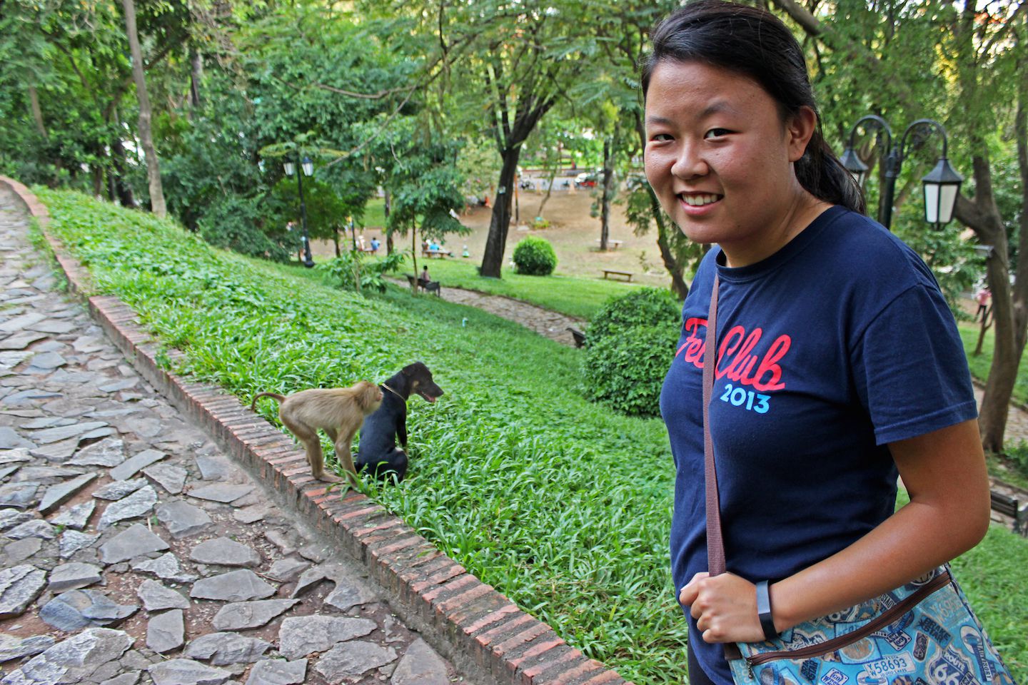 Julie at Wat Phnom with monkeys