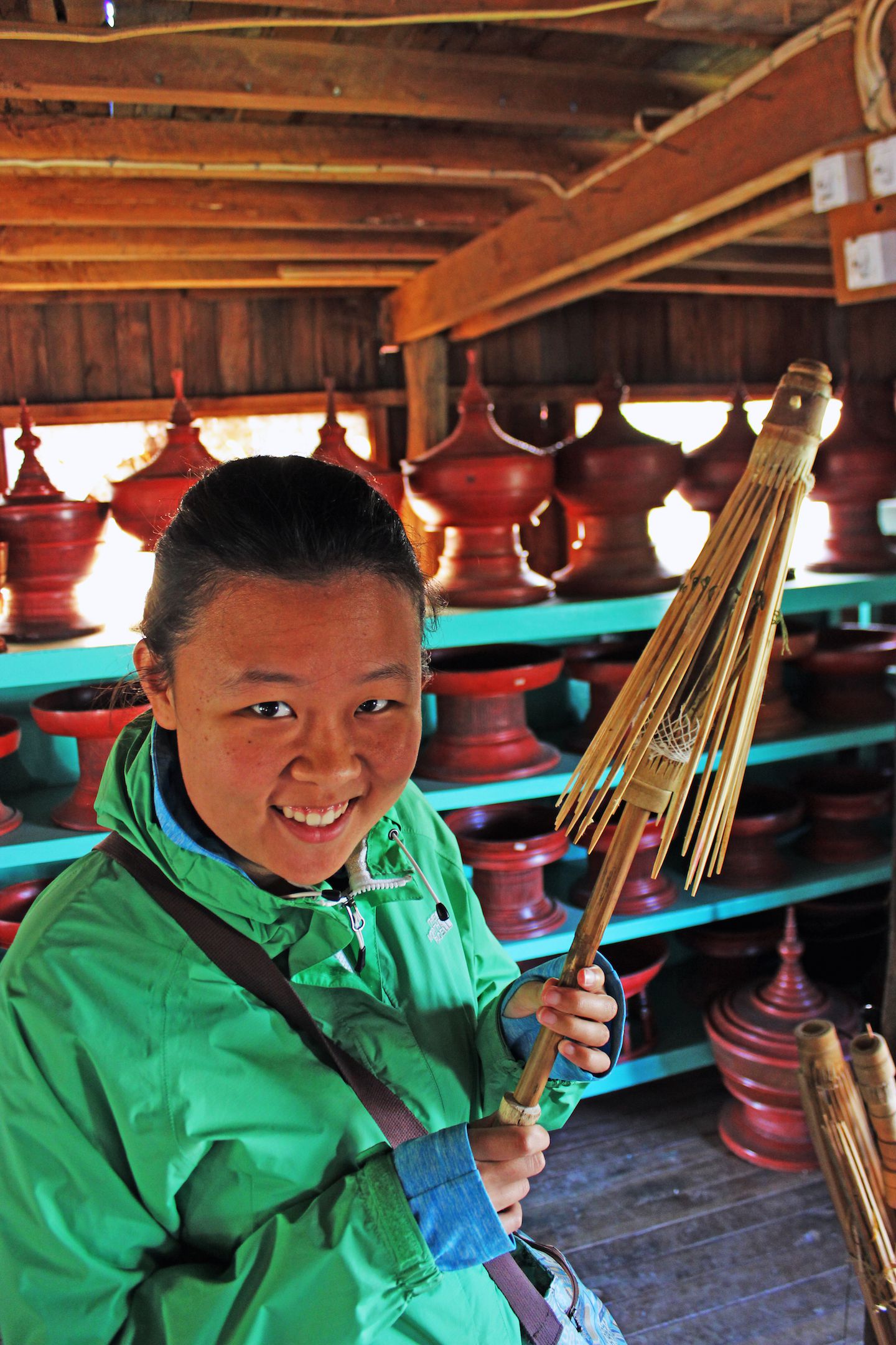 Julie holding an unfinished umbrella, Inle Lake, Myanmar