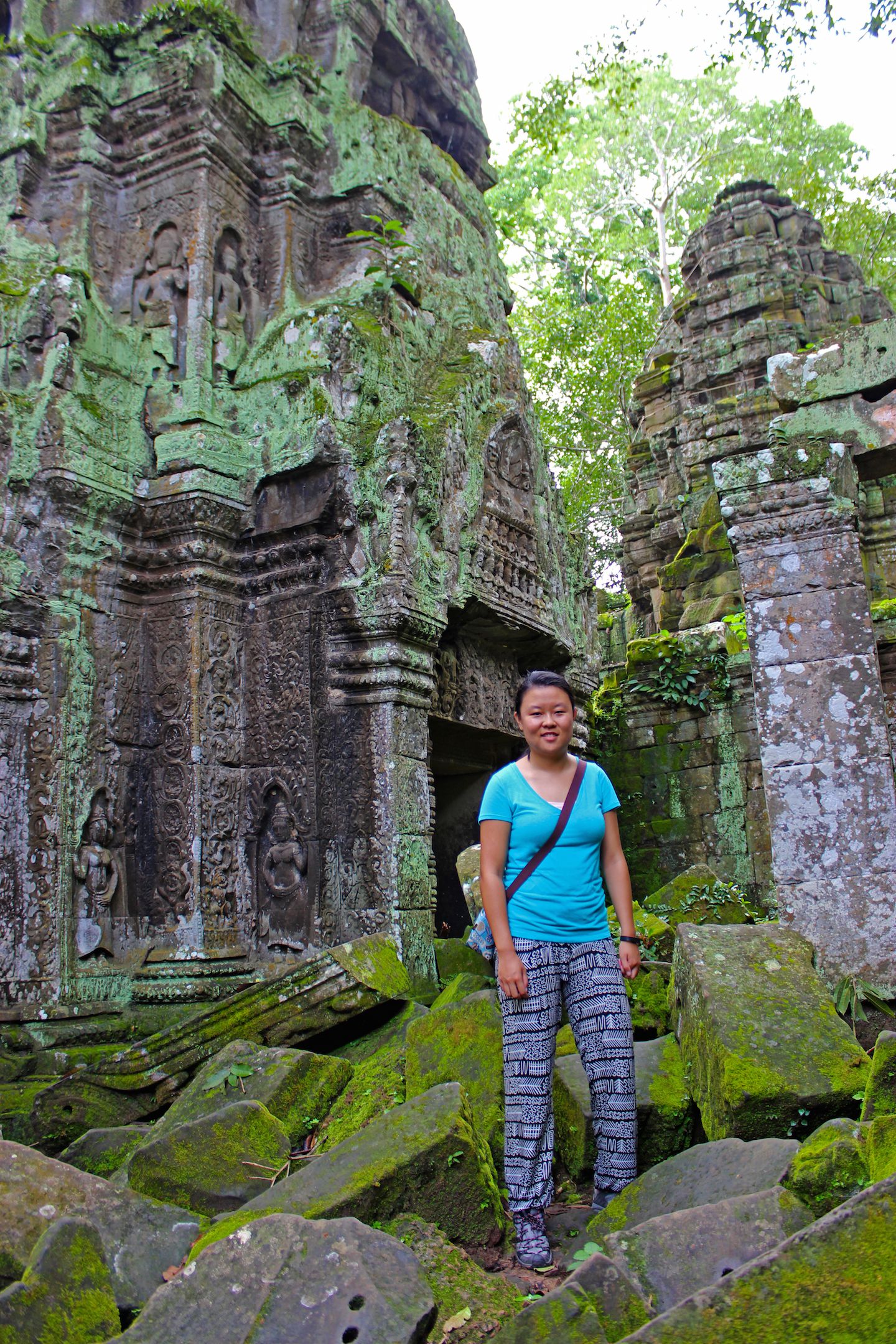 Julie in the middle of the ruins of Ta Prohm