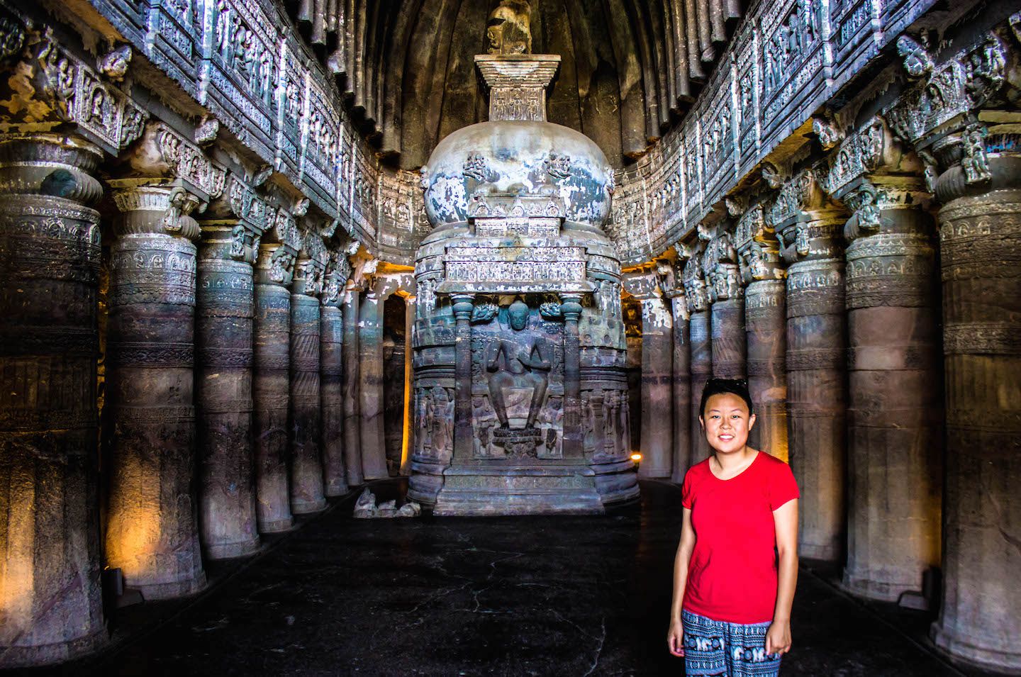 Julie inside Ajanta Cave no 26, India