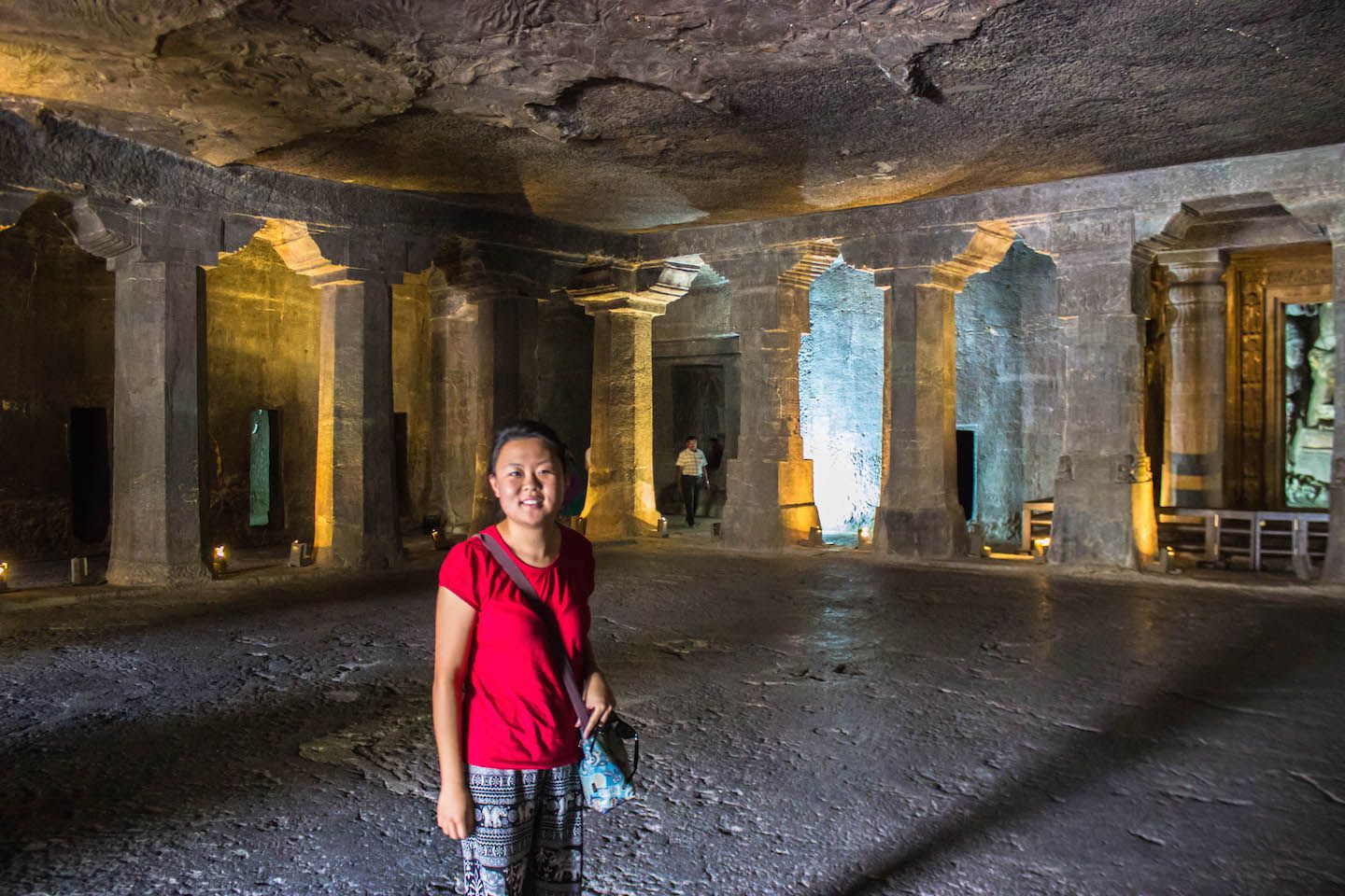 Julie inside one of the Ajanta Caves, India