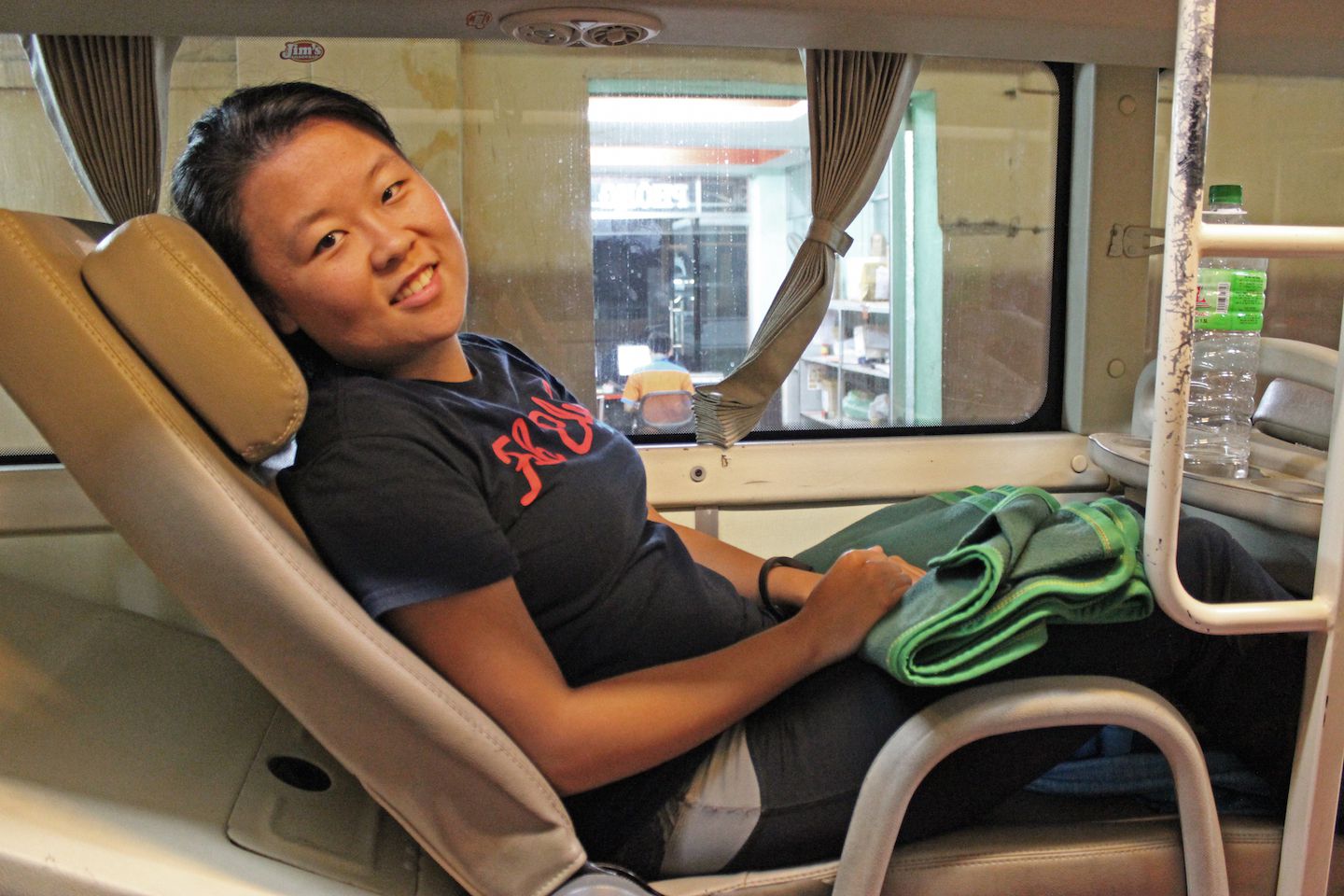 Julie on the sleeping bus