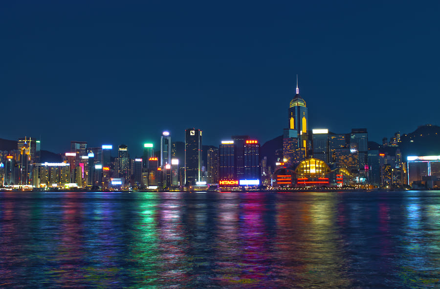 Left side of Hong Kong Island skyline at night from Avenue of Stars.