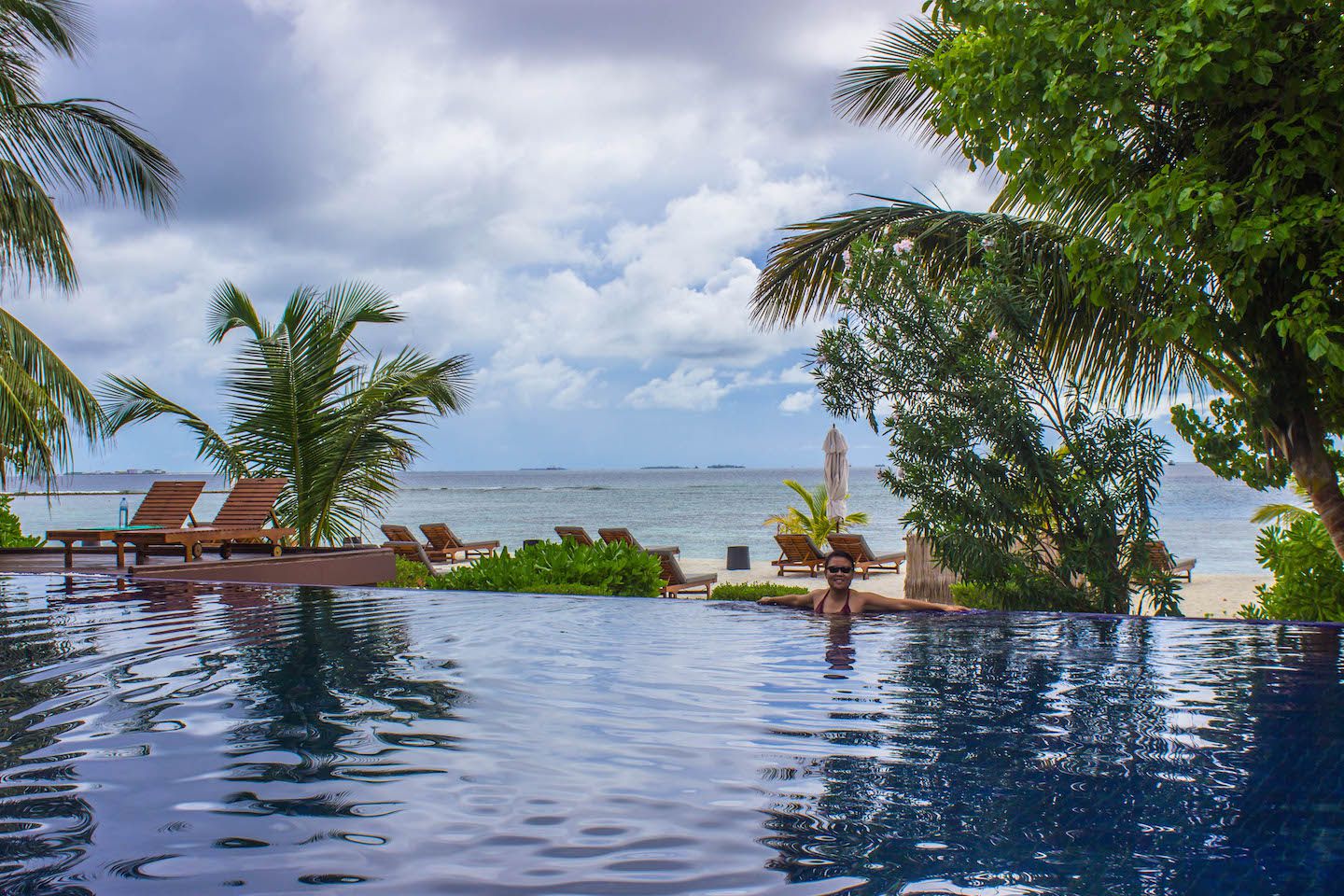 Julie in the infinity pool at Vadoo Resort, Maldives