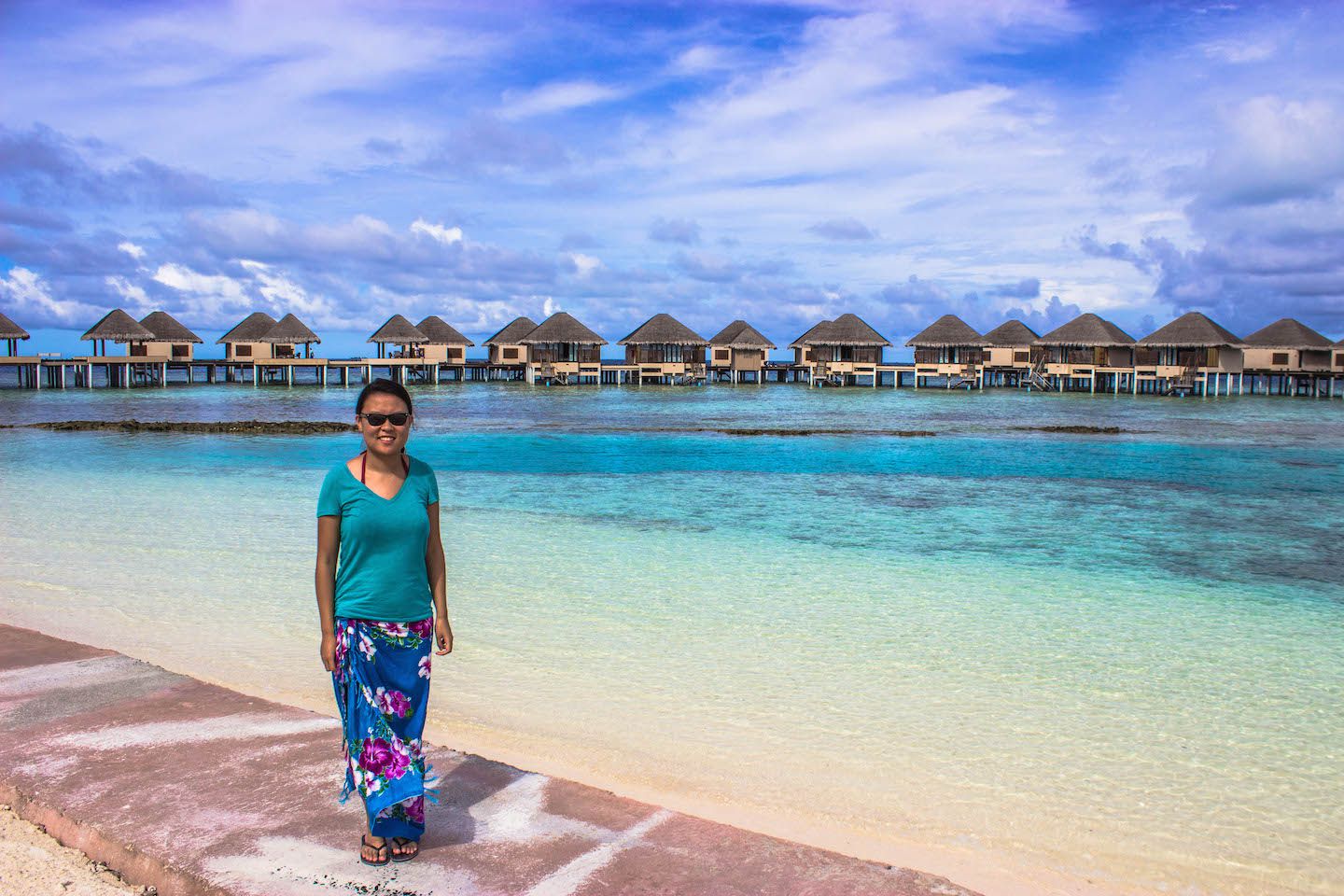 Julie and the water bungalows at Vadoo Resort, Maldives
