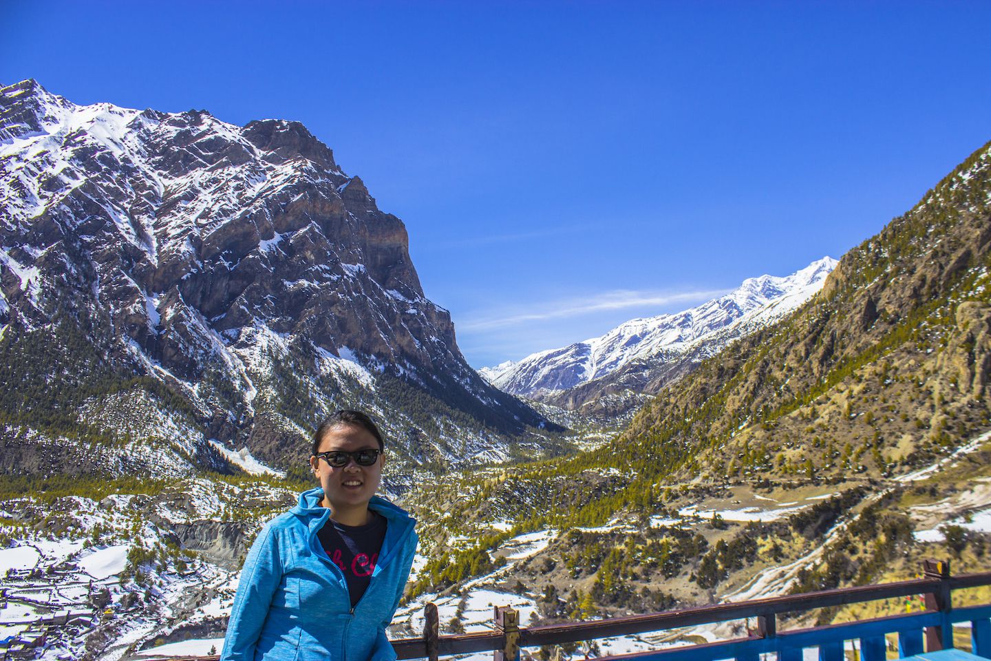 Julie and the view from Upper Pisang, Nepal