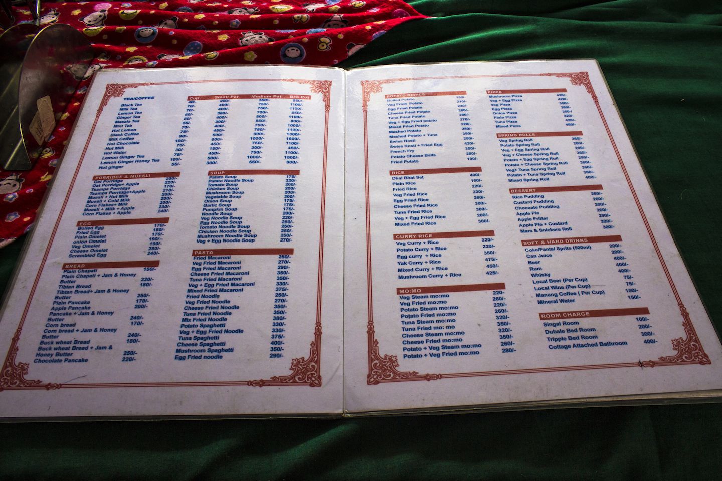 Guesthouse menu in the Annapurna Circuit, Nepal