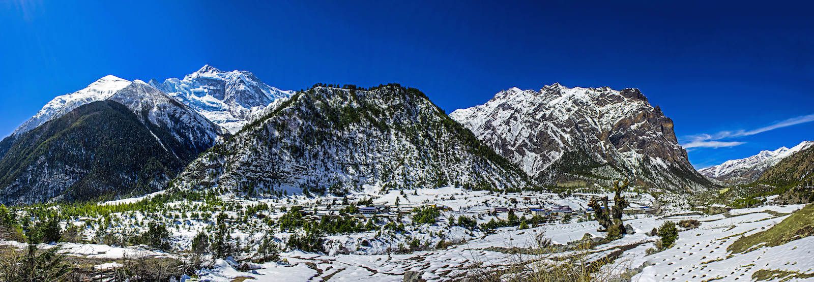 Panorama with the Annapurna Himalayan Range viewed from Upper Pisang, Nepal