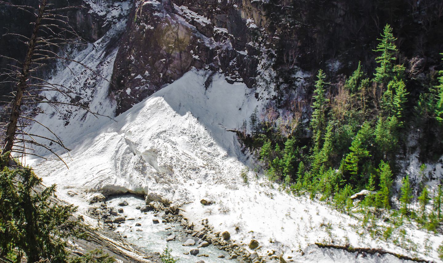 Avalanche covering the river, Annapurna Circuit, Nepal