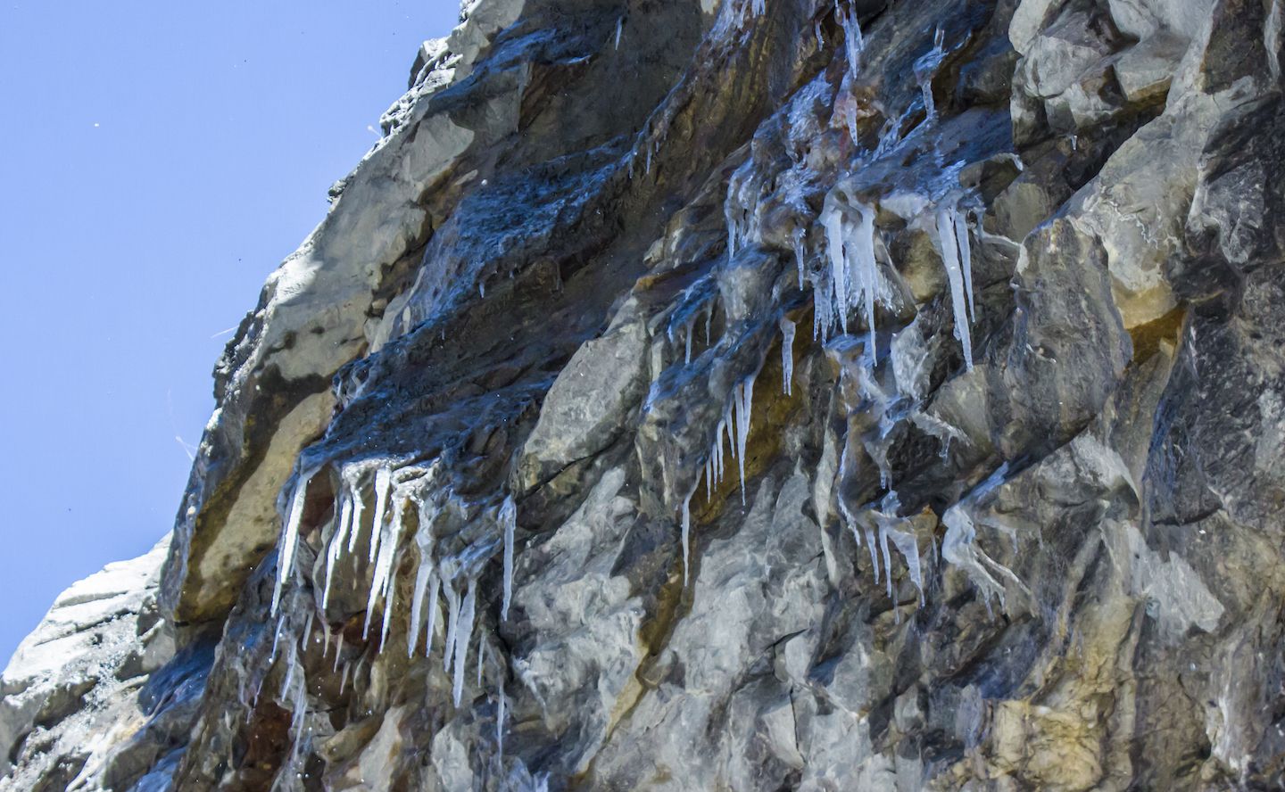 Ice stalactites would fall on the trail from time to time, Annapurna Circuit, Nepal