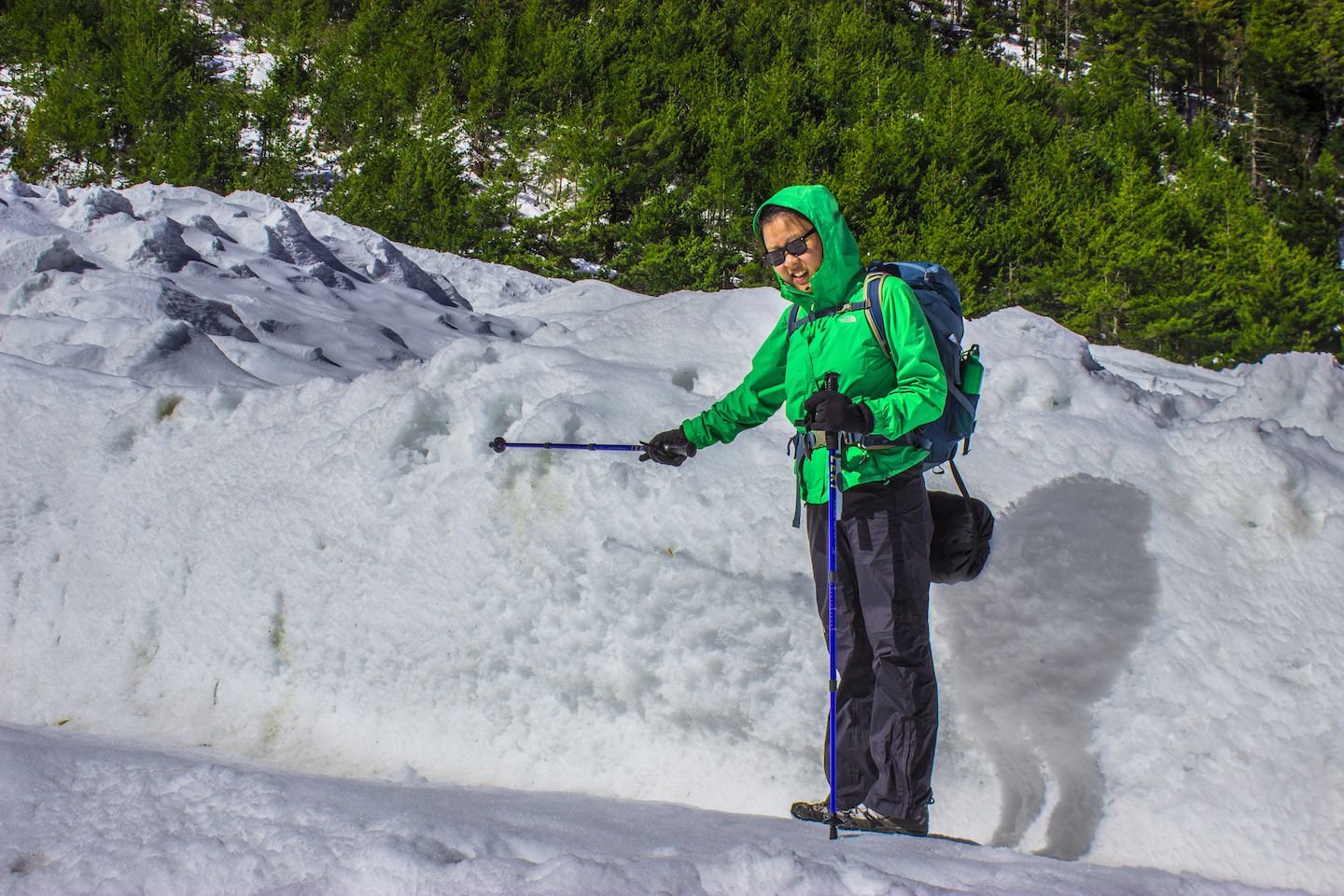 Julie walking over avalanches, Annapurna Circuit, Nepal