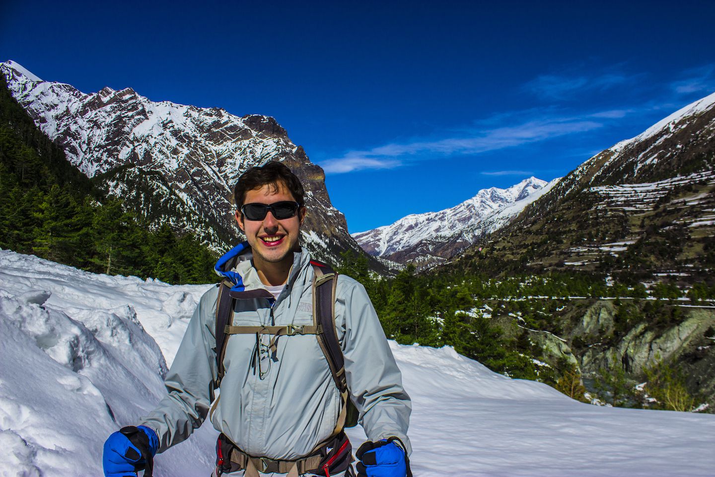 Carlos walking over an avalanche site, Annapurna Circuit, Nepal