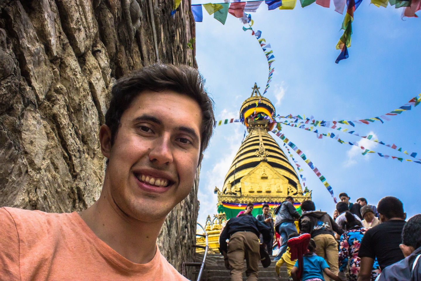 Carlos climbing to Swayambhunath, Kathmandu, Nepal