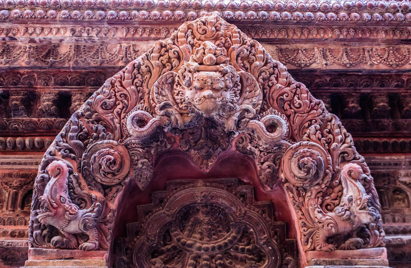 Pediment at Mahaboudha Temple in Patan, Nepal