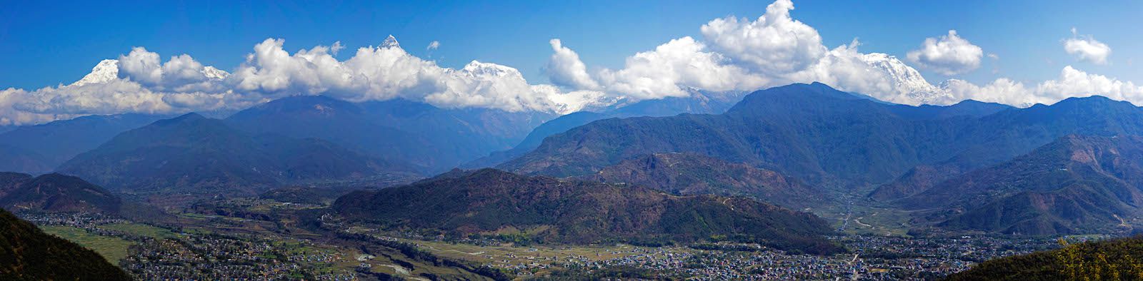 Panorama of the Annapurna Himalayan Range viewed from Sarangkot, Pokhara, Nepal