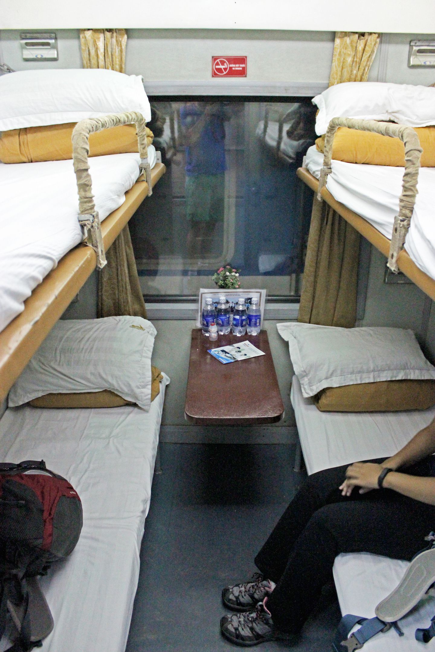 Our clean train compartment with complimentary water bottles