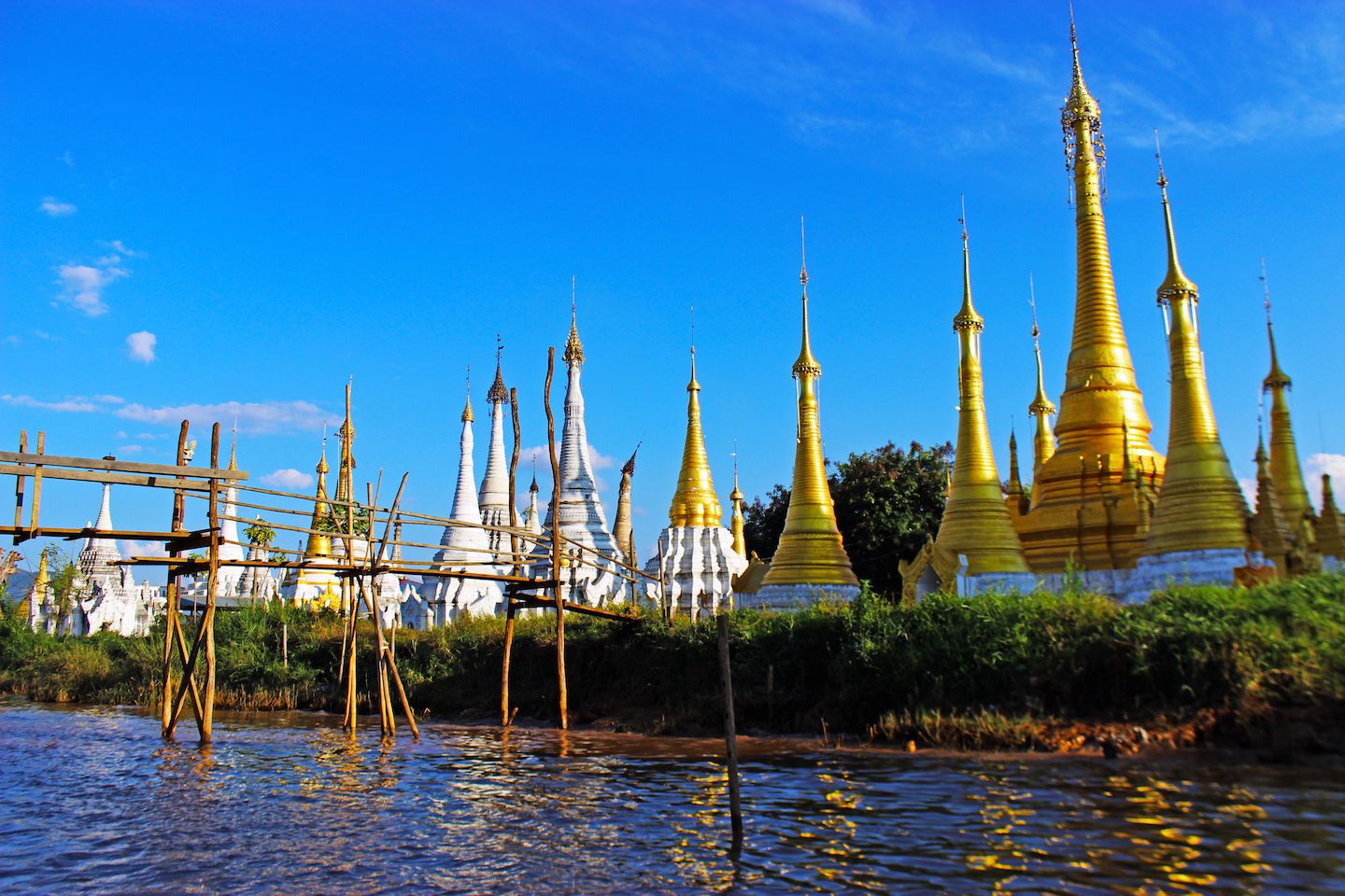 Pagodas on the canal banks, Inle Lake, Myanmar