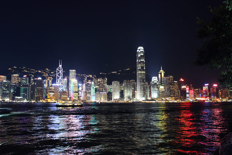 Right side of Hong Kong Island skyline at night from Avenue of Stars.