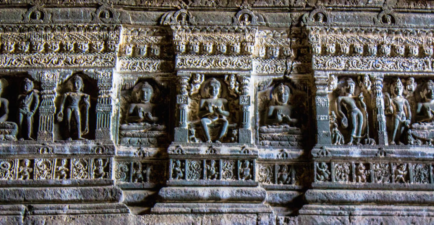 Sculptures inside the Ajanta Caves, India