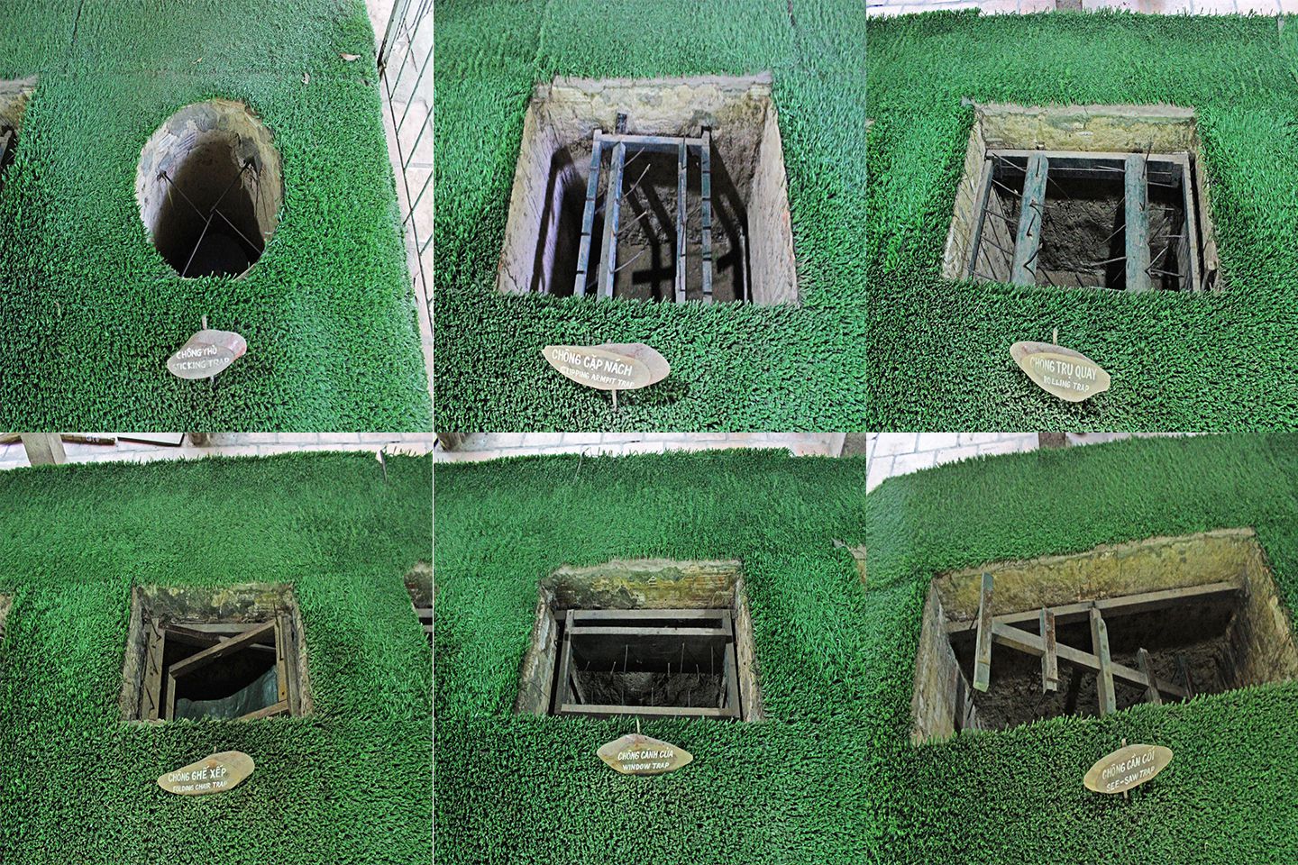 Several traps. From top left going clockwise: Sticking Trap, Clipping Armpit Trap, Rolling Trap, See-saw Trap, Window Trap and Folding Chair Trap