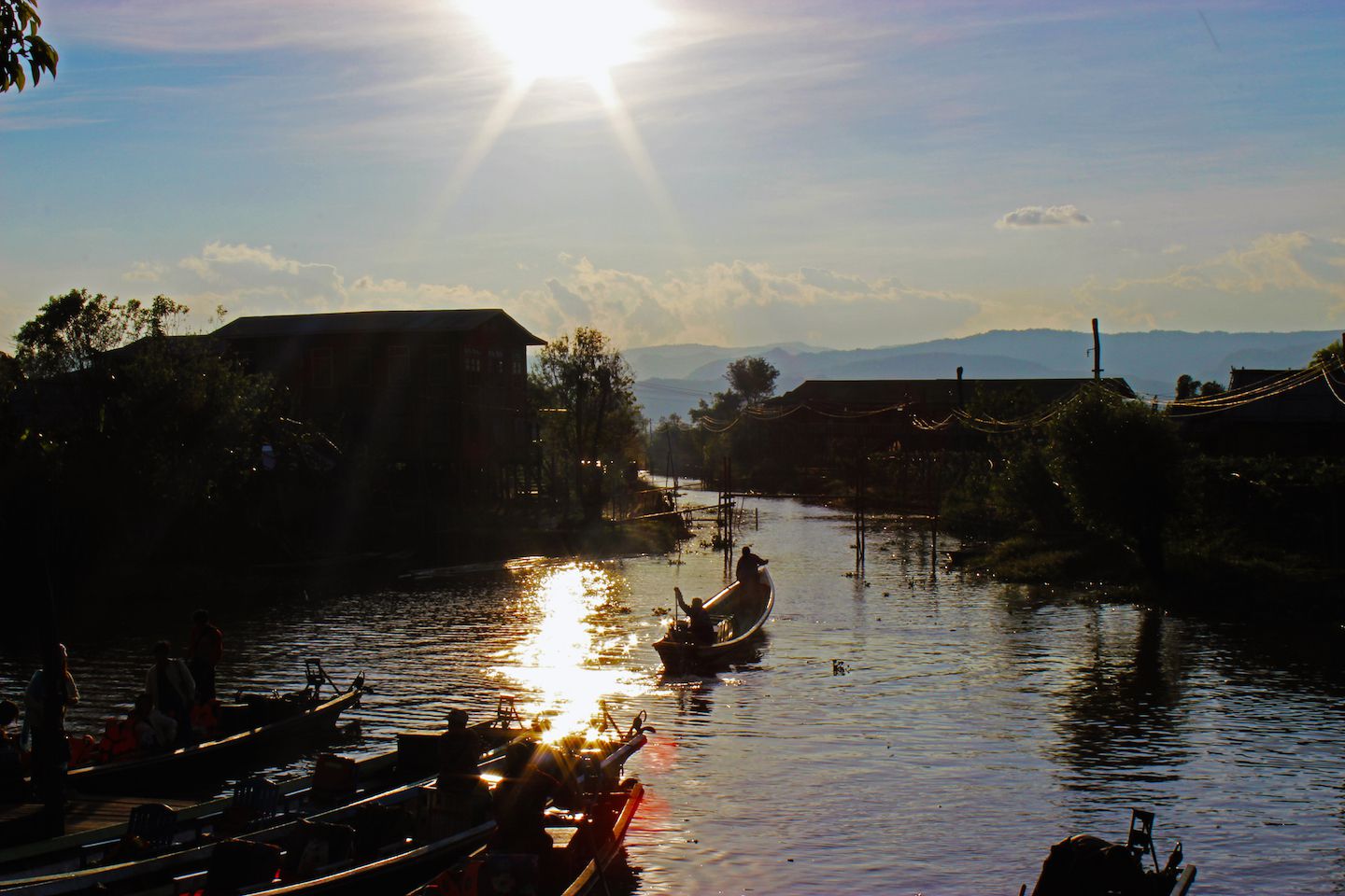 Sunset over the villages of Inle Lake, Myanmar