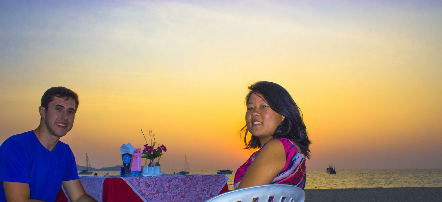 Julie and Carlos enjoying the Valentine's Day sunset dinner on Koh Muk, Thailand
