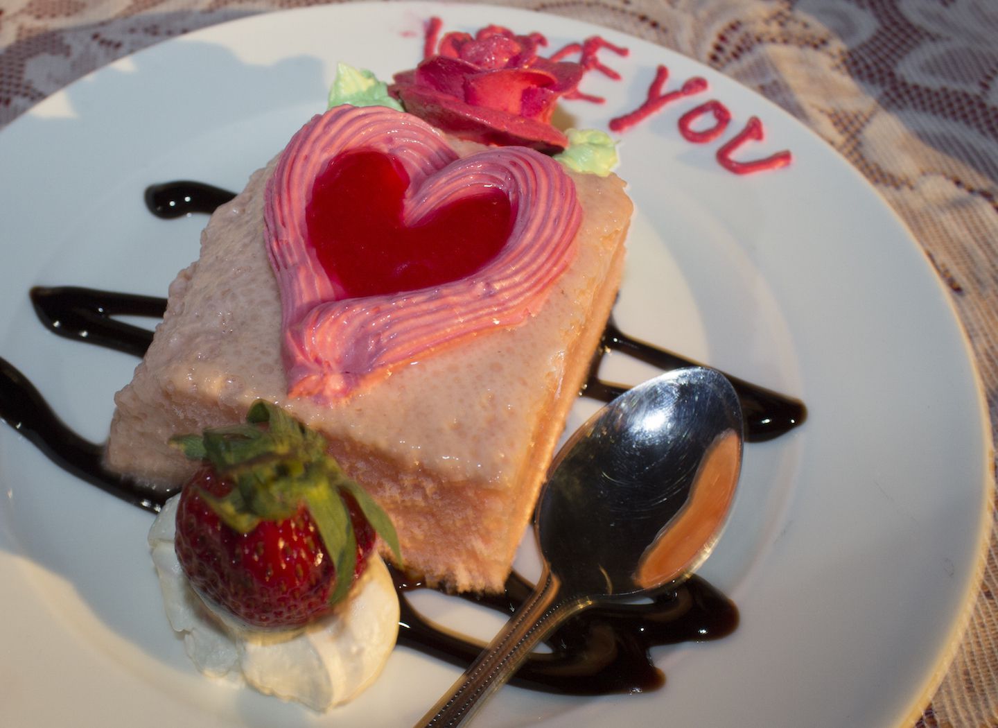 Strawberry cheese cake during Valentine's Day sunset dinner on Koh Muk, Thailand