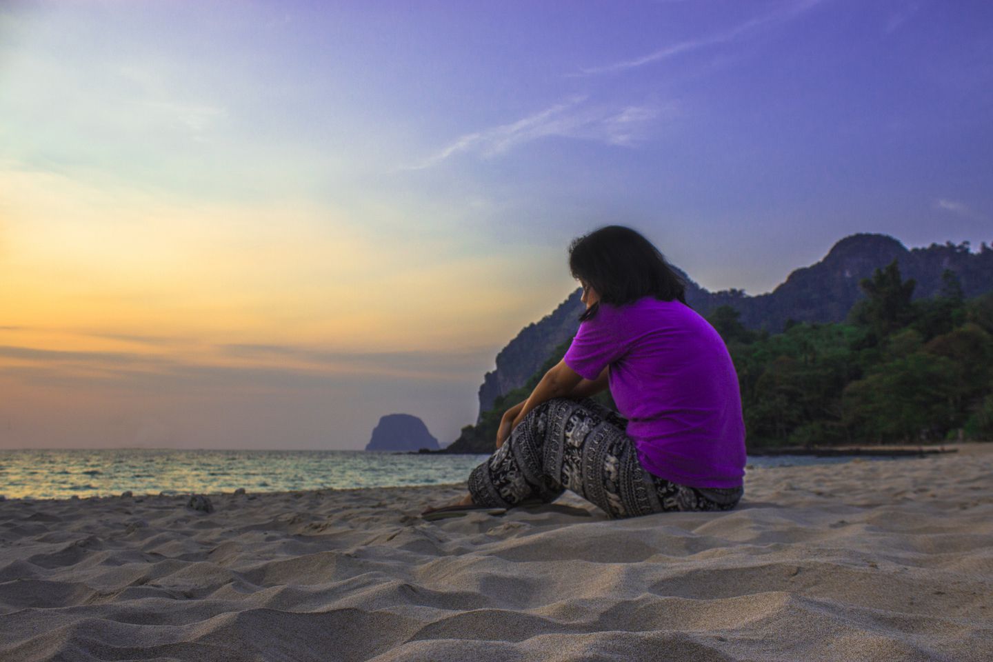Julie enjoying the sunset on Farang Beach, Koh Muk, Thailand