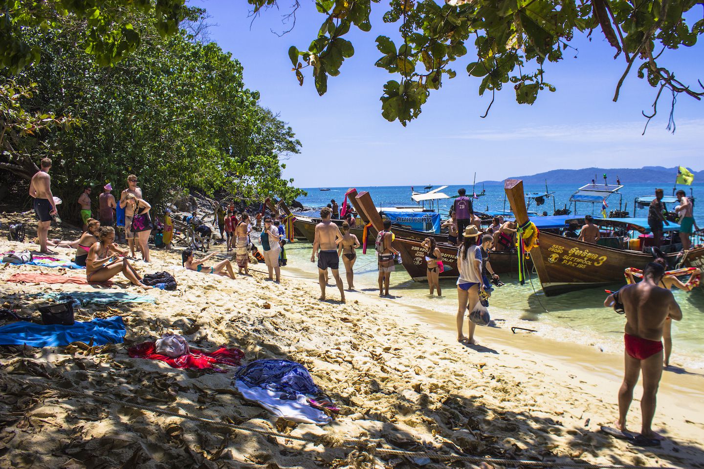 Crowded beach on Bamboo island, Koh Phi Phi, Thailand