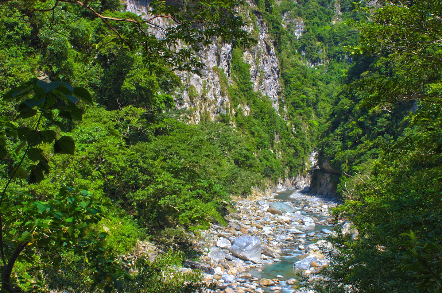The river flows down in between the rocky mountains