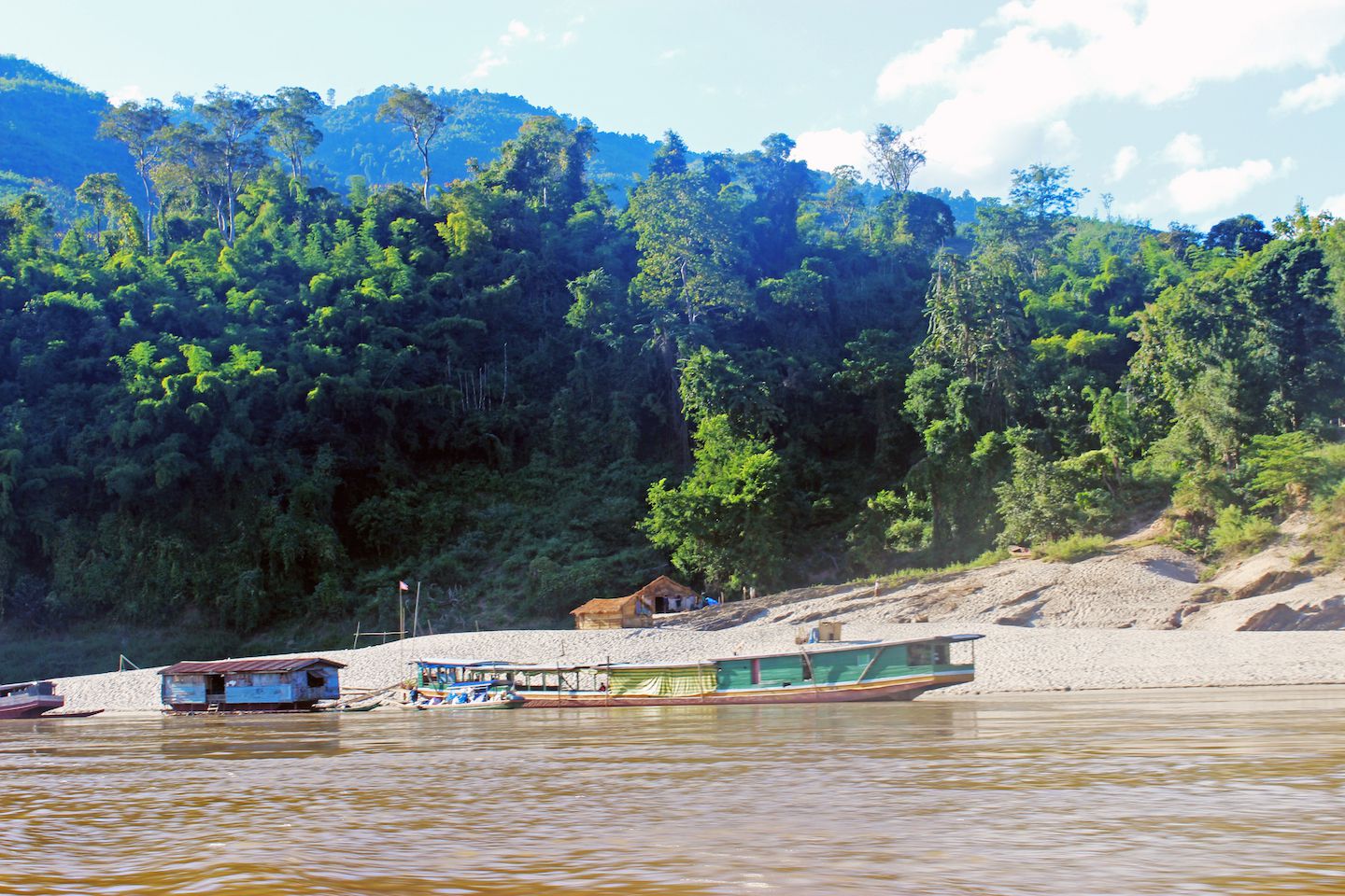 View of the boats on the Mekong River in Luang Prabang, Laos
