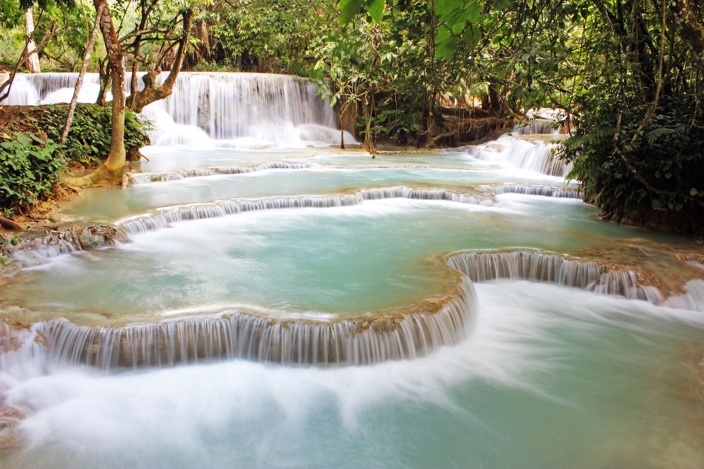 View of the pools at the Kuang Si Waterfall, Luang Prabang, Laos